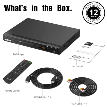 MEGATEK Region-Free HDMI DVD Player for TV, Compact CD/DVD Player with USB Port, Plays All Region DVDs & Multi Formats, Metal Housing, HDMI/RCA Cables & Remote Included
