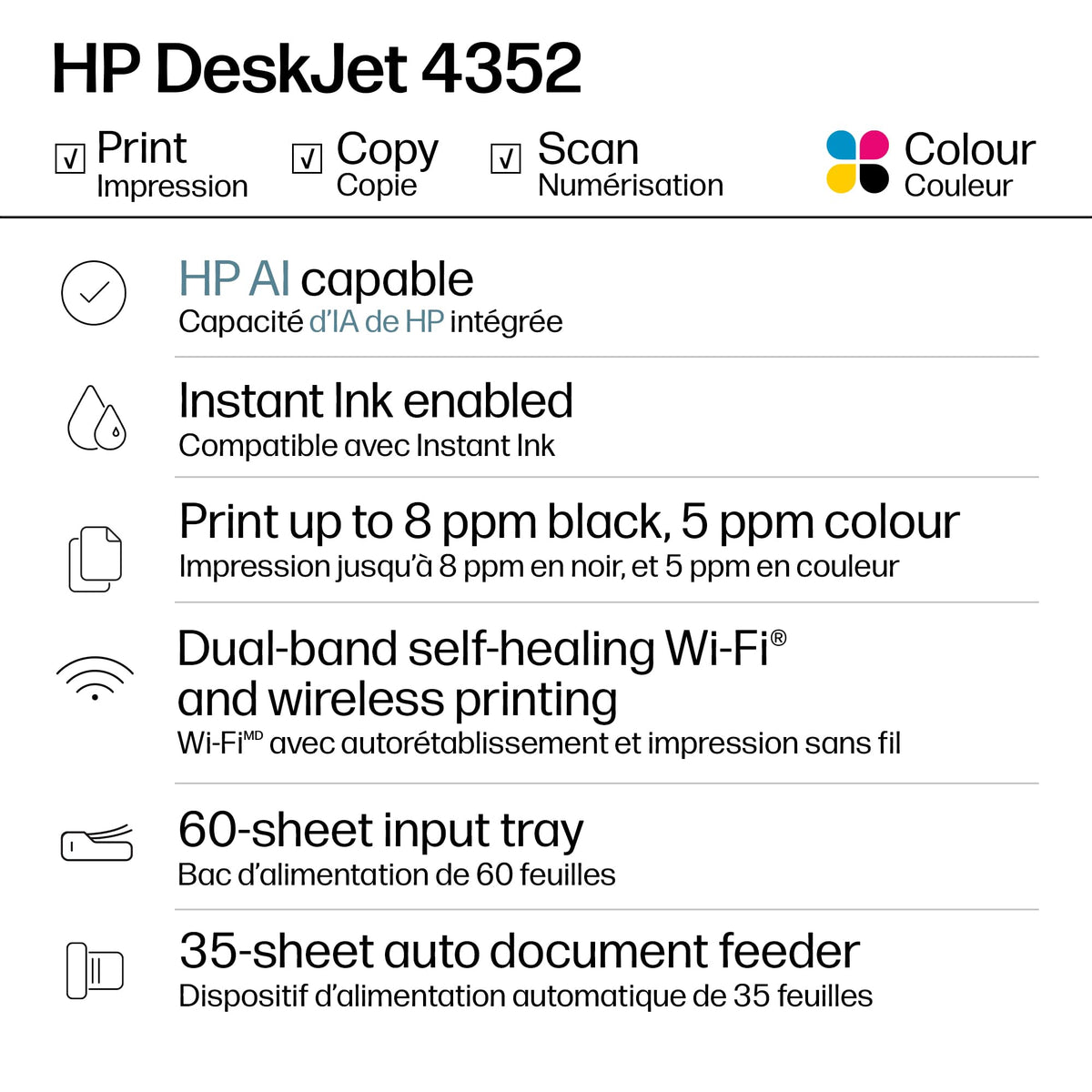 HP Desket 4352 Wireless All-in-One Color Inkjet Printer, Scanner, Copier, Best-for-Home, 3 Month Instant Ink Trial Included- AI Enabled (A24HTA)