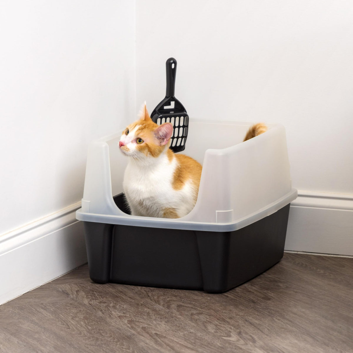 IRIS USA Large Cat Litter Box, Open Top High Sided Pan with Scoop, Black