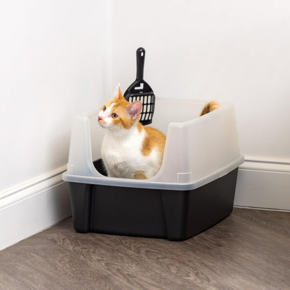 IRIS USA Large Cat Litter Box, Open Top High Sided Pan with Scoop, Black
