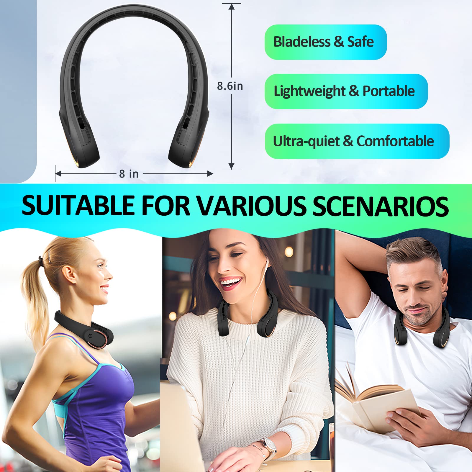 Portable Neck Fan, Personal Bladeless Neck Fans for Men, Upgraded Increase Air Volume & 4000mAh Battery, Ultra Quiet, 4-16 Hours Use Time Wearable Fan USB Rechargeable for Home Travel-Black - Available at All In One Marketplace Canada