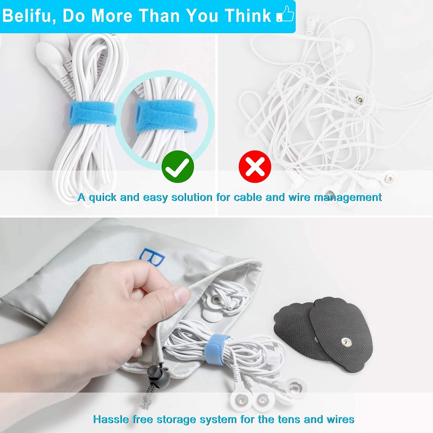 Belifu Dual Channel TENS EMS Unit 24 Modes Muscle Stimulator for Pain Relief Therapy, Electronic Pulse Massager Muscle Massager with 10 Pads, Dust-Proof Drawstring Storage Bag，Fastening Cable Ties - Available at All In One Marketplace Canada