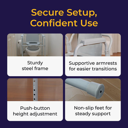 Drive Medical 11148-1 Folding Steel Bedside Commode Chair, Portable Toilet, Supports Bariatric Individuals up to 350 lbs, with 7.5 qt Bucket and 13.5 inch Seat, Grey