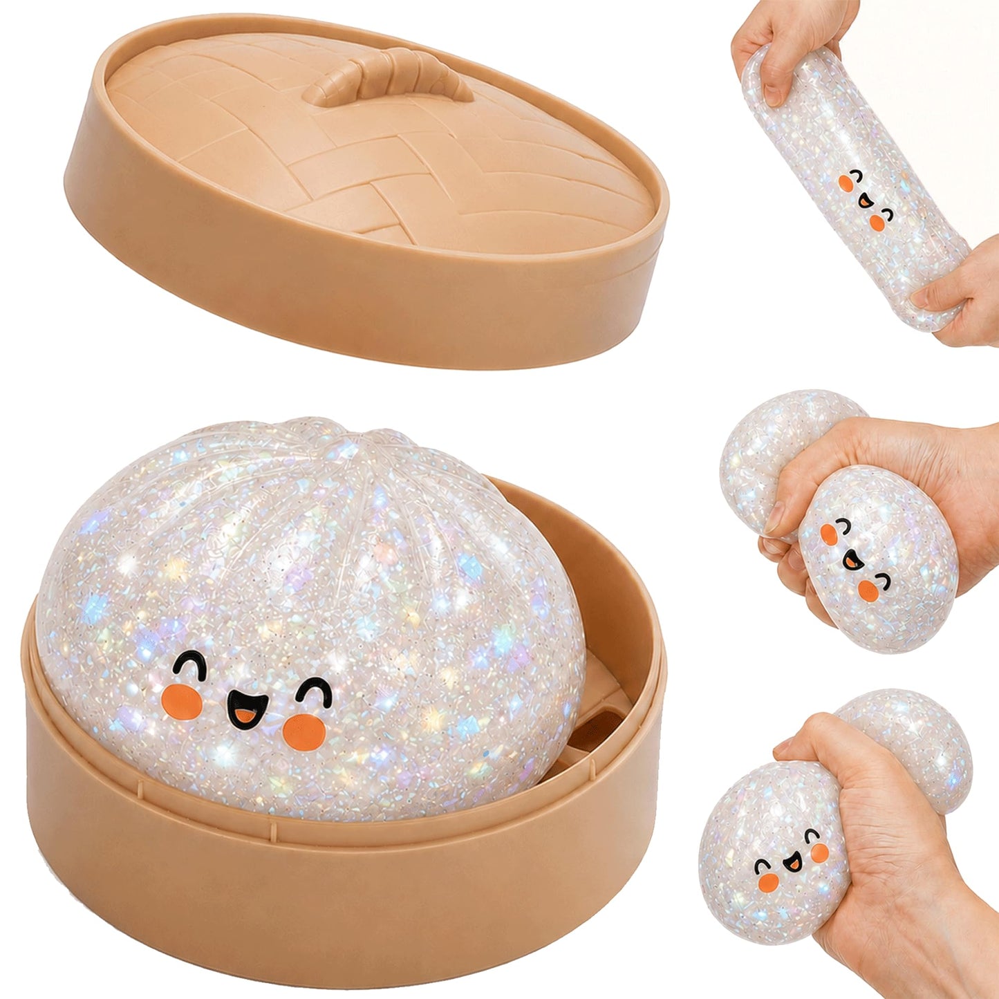 Glitter Dumpling Squishy, Colorful Mystery Dumpling Squishy Surprise Stress Relief, Cute Soft Squeeze Decompression Dough with Steamer (1pcs-White) - Available at All In One Marketplace Canada