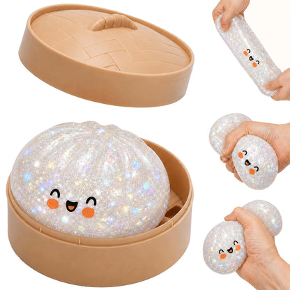 Glitter Dumpling Squishy, Colorful Mystery Dumpling Squishy Surprise Stress Relief, Cute Soft Squeeze Decompression Dough with Steamer (1pcs-White) - Available at All In One Marketplace Canada