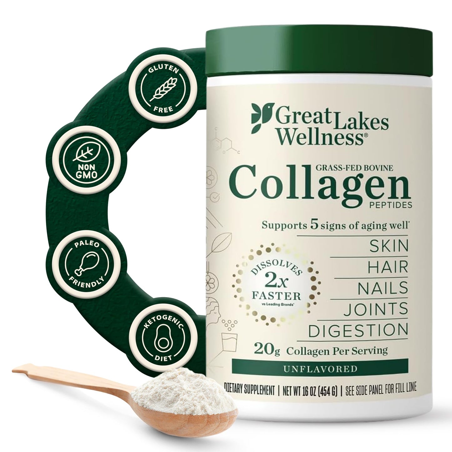 Great Lakes Wellness Grass-Fed Collagen Peptides - Unflavored Hydrolyzed Powder, Non-GMO, Hormone & Antibiotic Free - 454g