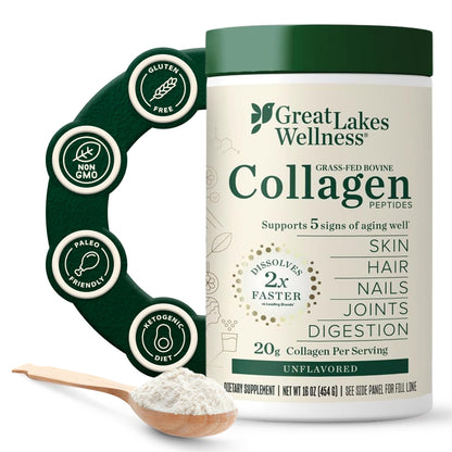 Great Lakes Wellness Grass-Fed Collagen Peptides - Unflavored Hydrolyzed Powder, Non-GMO, Hormone & Antibiotic Free - 454g