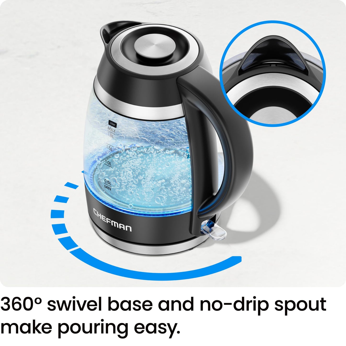 Chefman Electric Kettle, 1.8L 1500W, Hot Water Boiler, Removable Lid for Easy Cleaning, Auto Shut Off, Boil-Dry Protection, Stainless Steel Filter, BPA Free, Borosilicate Glass Electric Tea Kettle - Available at All In One Marketplace Canada