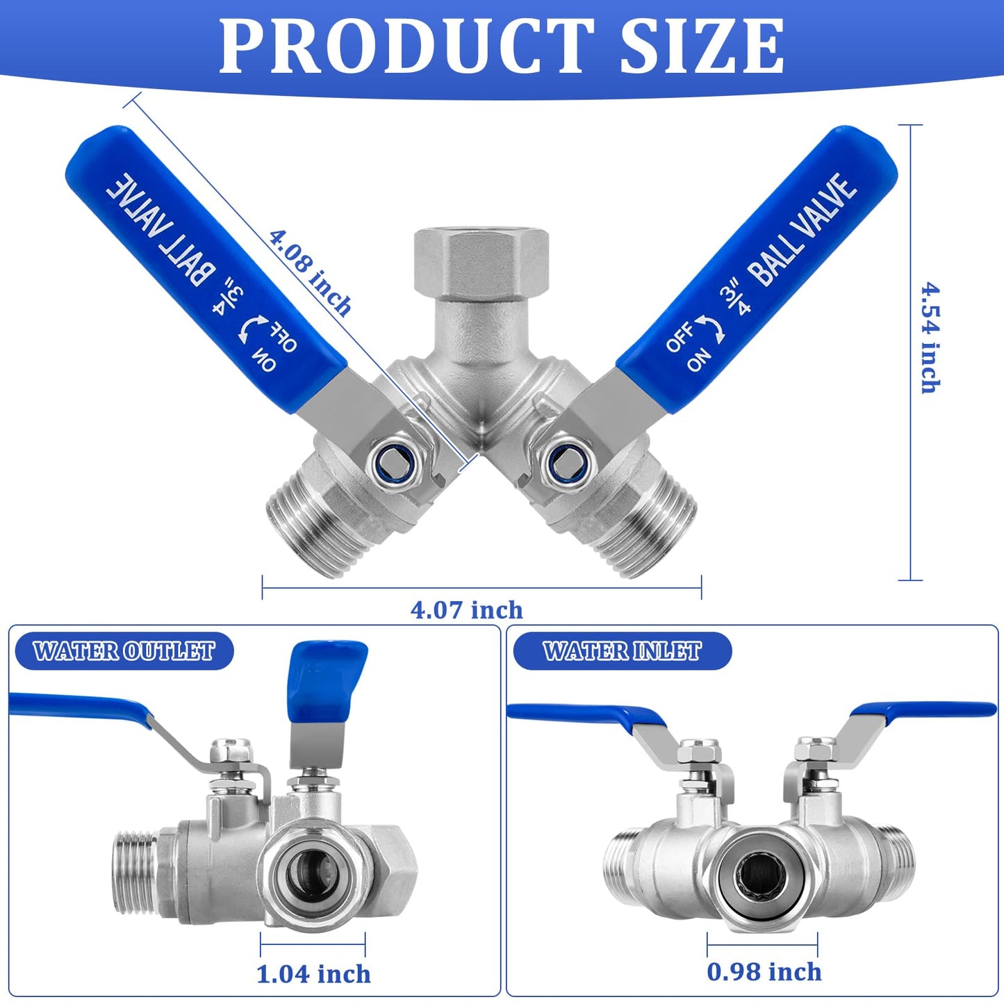 Garden Hose Splitter 2 Way, 304 Stainless Steel Heavy Duty Water Hose Splitter with Long Handle, 3/4" GHT Thread Y Valve Water Garden Hose Tap Adapter, Full Flow Water Splitter Connector