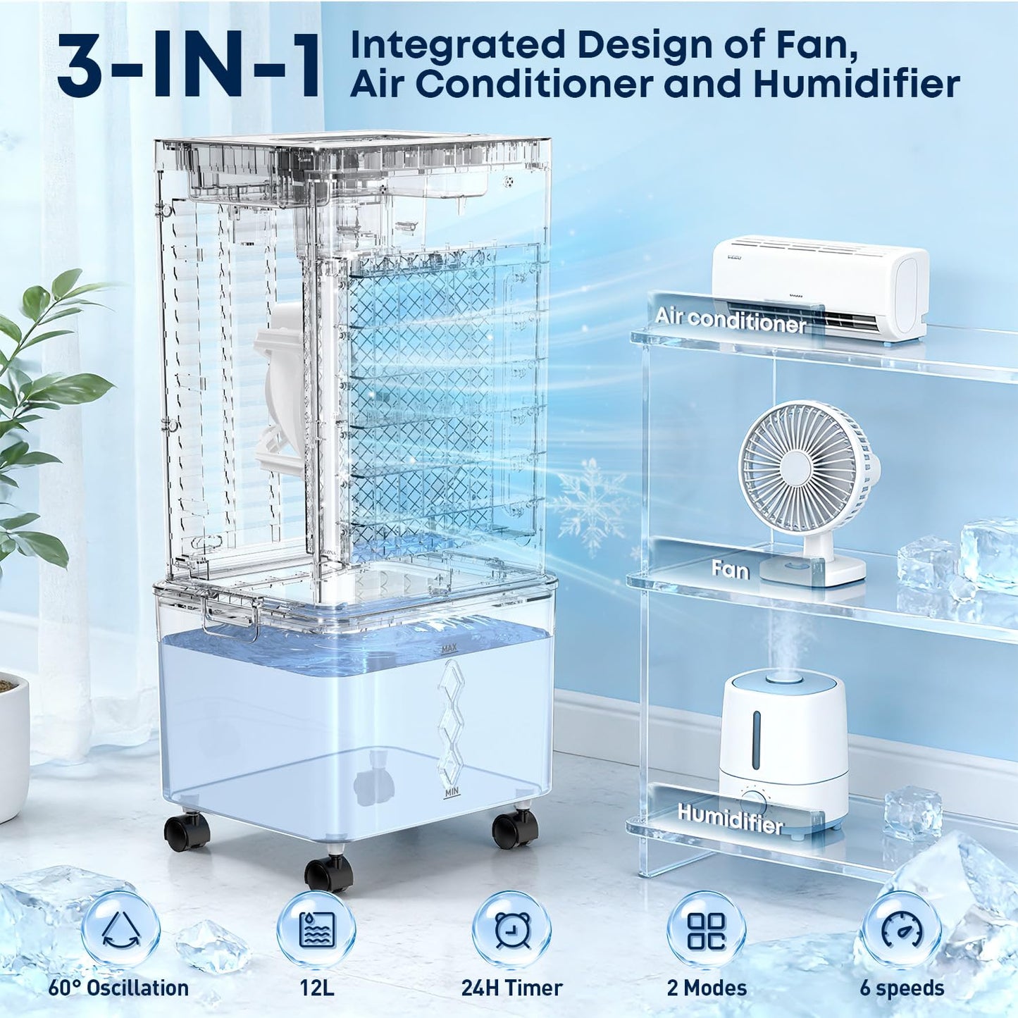 Portable Air Conditioner 8000 BTU, Windowless Air Conditioner with 6 Speeds 2 Modes, 12L Large Water Tank, 24H Timer & Remote Control, Energy Efficient Cooling Fan for Bedroom Home Office (Grey)