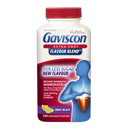 Gaviscon Extra Strength Flavour Burst Tablets - 120 Count - Chewable Foaming Antacid Tablets for Day and Night Heartburn Relief, Acid Reflux and GERD Relief, Fruit Blast - Free of Aluminum, Lactose and Gluten Gaviscon