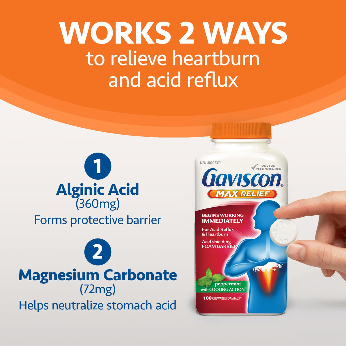 Gaviscon Max Relief Tablets - 50 Count - Chewable Foaming Antacid Tablets for Day and Night Heartburn Relief, Acid Reflux and GERD Relief, Cooling & Refreshing Peppermint - Free of Aluminum & Lactose 🍁 All In One Marketplace Canada