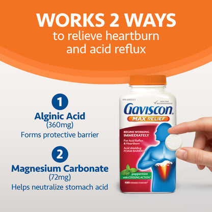 Gaviscon Max Relief Tablets - 50 Count - Chewable Foaming Antacid Tablets for Day and Night Heartburn Relief, Acid Reflux and GERD Relief, Cooling & Refreshing Peppermint - Free of Aluminum & Lactose 🍁 All In One Marketplace Canada
