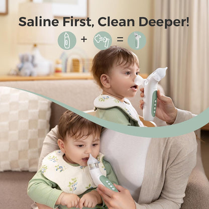 Momcozy BreezyClear™ Aspirateur nasal électrique 2-en-1 avec spray et aspiration pour bébé, 4 niveaux d'aspiration réglables jusqu'à 65kPa (qualité hospitalière), nettoyeur de nez silencieux et portable avec lumière apaisante et musique