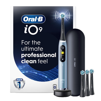 Oral-B iO9 Electric Toothbrush, for the Ultimate Professional Clean Feel, Aquamarine, Rechargeable Electric Toothbrushes, iO Series 9 with 1 Power Toothbrush, 4 Brush Heads, and 1 Charging Travel Case Oral-B