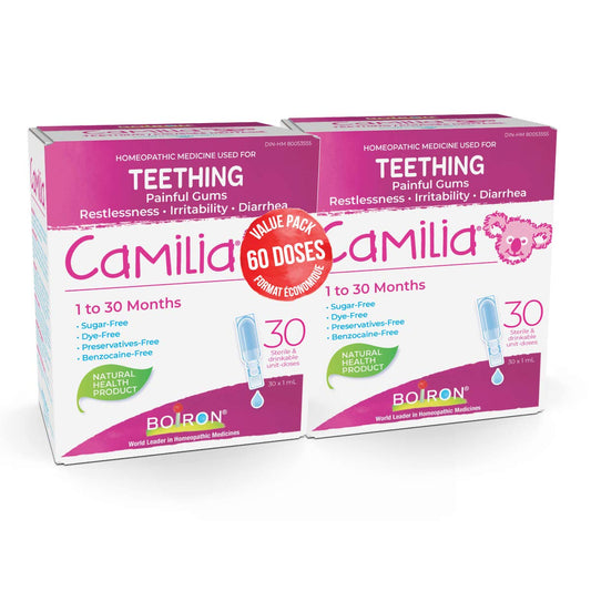 Boiron Camilia Baby Teething 60 unit-doses (twin pack). Camilia used for pain, restlessness, irritability and diarrhea due to teething. Benzocaine-Free and Preservative-Free,No Sugar, No Dye. 1 to 30 months