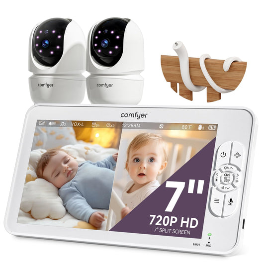 Comfyer BM01 7" HD Split-Screen Baby Monitor with 2 Cameras, Video Baby Monitor with Camera and Audio, Flexible Bracket, Non-WiFi, VOX Mode, 2 Way Audio, Remote PTZ, Auto Night Vision