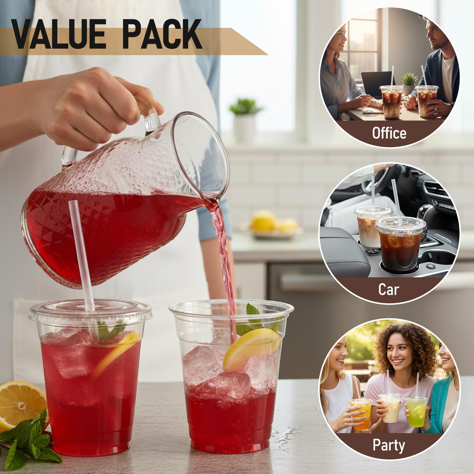 100 Pcs Clear Plastic Cups with Flat Lids and Straws, 12 oz Disposable PET Iced Coffee Cups - Ideal for Ice Coffee, Smoothie, Juice, Lemonade, Cold Beverages - Available at All In One Marketplace Canada