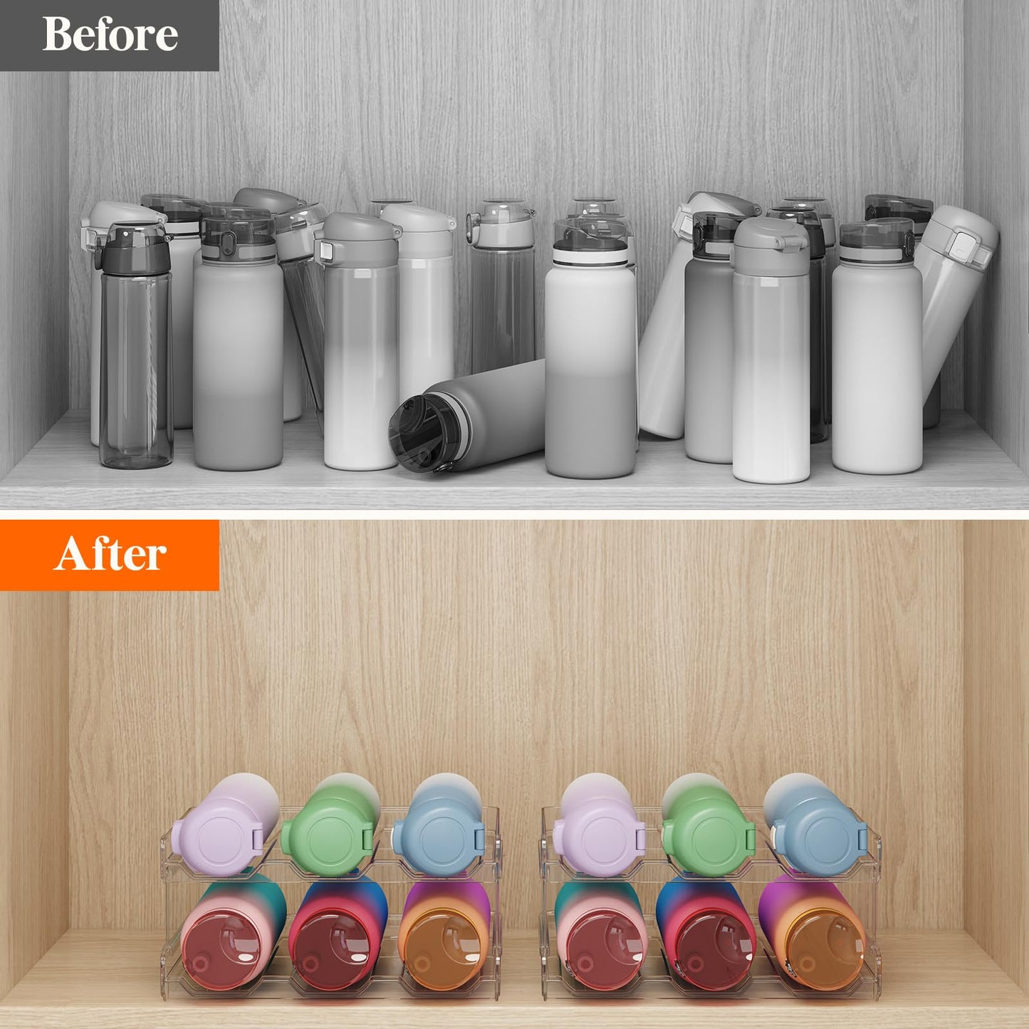 Lifewit Stackable Water Bottle Organizer for Cabinet, Freezer, Pantry - Plastic Cup Holder, Wine Racks for Kitchen Tabletop Storage, Cupboard, Office - Pack of 4, Each Rack Holds 3 Containers - Available at All In One Marketplace Canada