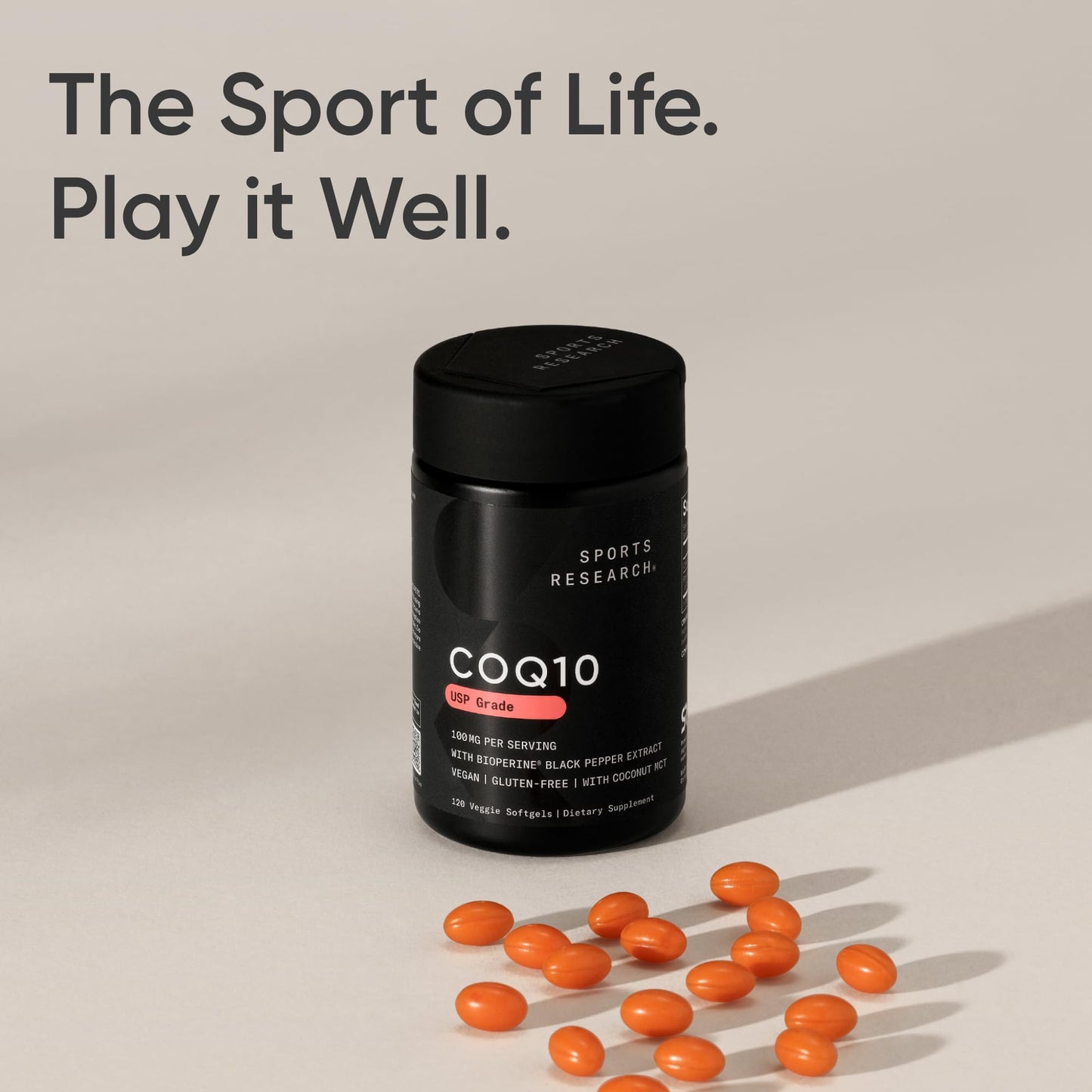 Sports Research® CoQ10 (100mg) Enhanced w/Coconut Oil & Bioperine (Black Pepper) for Better Absorption | Vegan Certified, Non-GMO Verified (120 Veggie Softgels) - Available at All In One Marketplace Canada