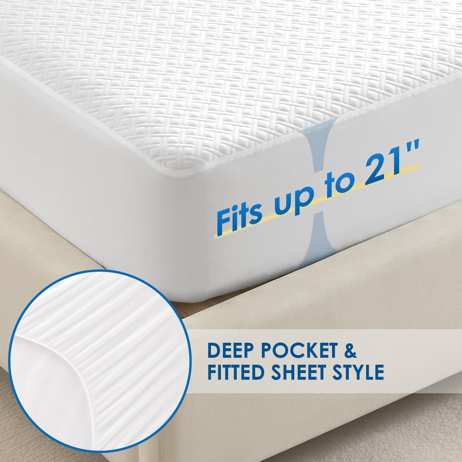 Cozymaker Queen Size Mattress Protector, 100% Waterproof Mattress Cover Fitted 8"-21" Deep Pocket, Cooling Viscose Made from Bamboo and Soft Breathable Cover Mattress Queen Noiseless Washable - Available at All In One Marketplace Canada
