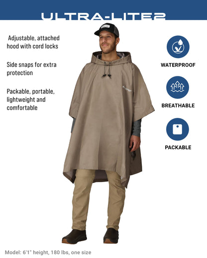 FROGG TOGGS Ultra-lite2 Waterproof, Breathable Rain Poncho, Adult and Youth Sizes, Khaki, One Size
