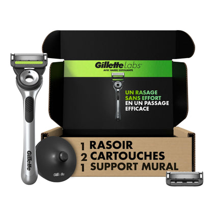 Gillette Labs with Exfoliating Bar by Men's Razor Set, 1 Shower Hook, Handle, 2 Blade Refills, Silver and Black, Razors for Men, Mens