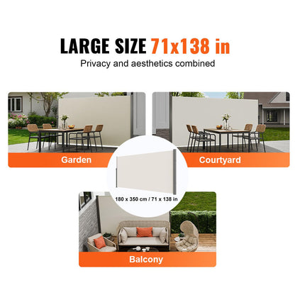 VEVOR Retractable Side Awning, 71''x 138'' Outdoor Privacy Screen, 180g Polyester Water-Proof Retractable Patio Screen, UV 30+ Room Divider Wind Screen for Patio, Backyard, Balcony, Beige VEVOR
