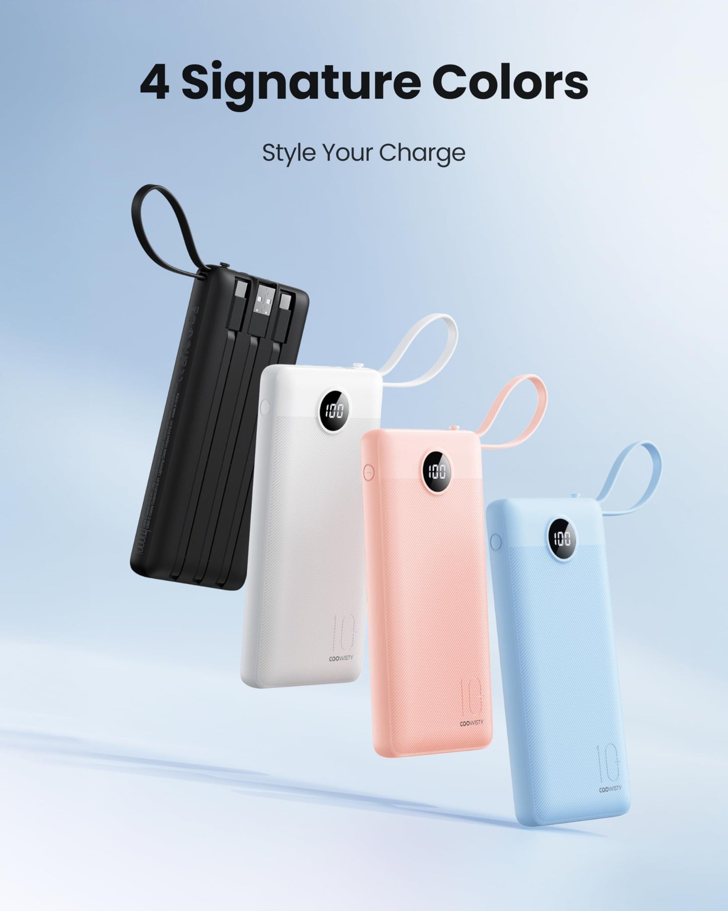 Coowisty Slim Power Bank 10000mAh, Portable Charger Built in 4 Cables