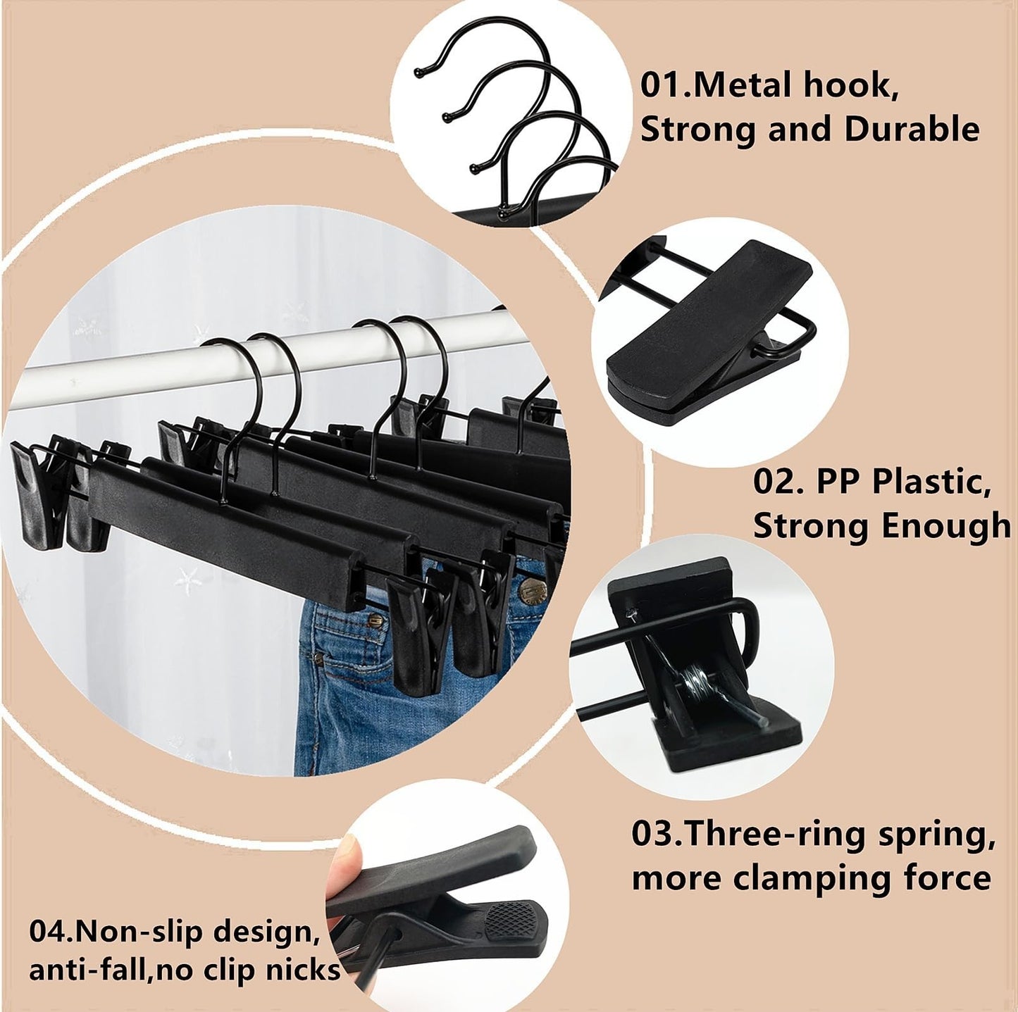 Lamitocs Pants Hangers with Clips, Skirt Hangers, 360 ° Swivel Hooks Space Saving Hangers for Pants, Skirts, Clothes, Jeans (10Pack,Black) - Available at All In One Marketplace Canada