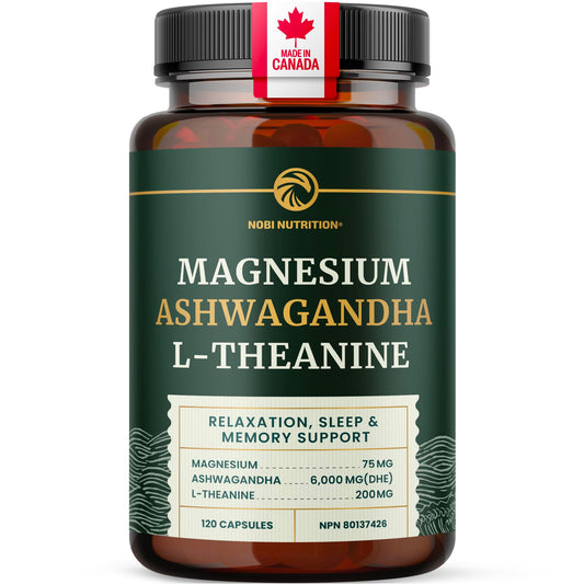 L Theanine, Magnesium Glycinate + Ashwagandha Supplement | Relaxation, Sleep & Memory Support | Stress Relief, Calm, Mood & Sleep Supplements | Made in Canada & Non-GMO | 120 Ct - Available at All In One Marketplace Canada