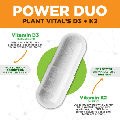 PlantVital High-Potency Vegan Vitamin D3 + K2 -Made in Canada - (1000IU /25 mcg + 120 mcg) for Bones, Teeth and Immune System - Patented MK7 Form - K2 D3 vitamin - 4 Months Supply - 120 Capsules. - Available at All In One Marketplace Canada