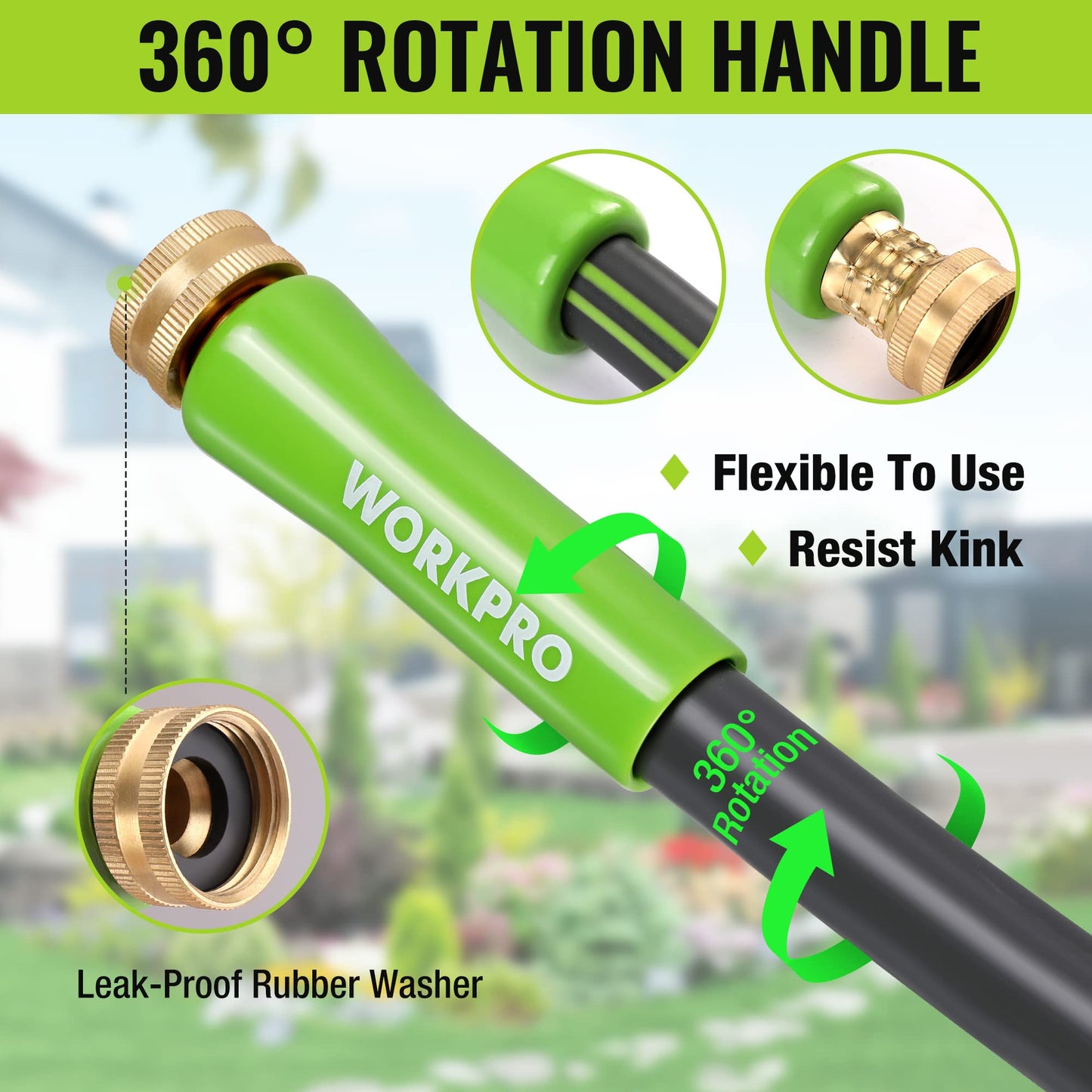 WORKPRO Garden Hose 5/8 in x 10 FT, Heavy Duty, Flexible, Lightweight Water Hose with 360° Rotation Handle, 3/4" GHT Solid Brass Fittings, for Outdoor, Lawn, Garden & Yard, Car Wash WORKPRO