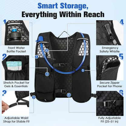 Zacro Running Vest for Men Women, Lightweight Hydration Vest with 2L Water Bladder, Adjustable No Bounce Fit, Breathable Reflective Vest for Marathon, Trail, Hiking, Cycling - Available at All In One Marketplace Canada