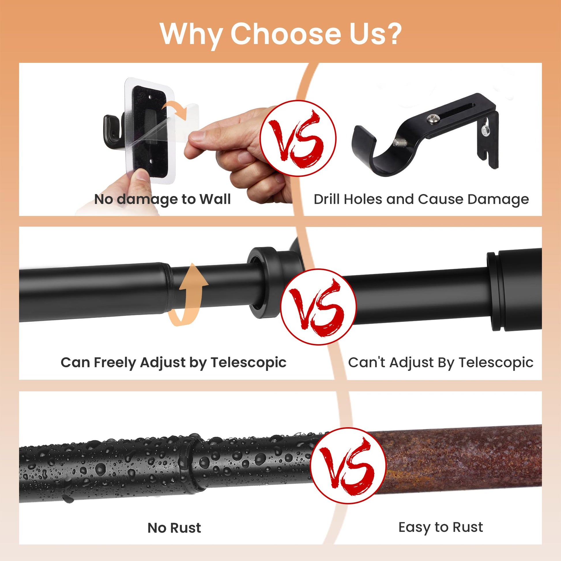 upsimples No Drill Curtain Rods for Window 28 to 48 Inches, 5/8 Inch Diameter Renter Friendly Drapery Rod with Adhesive Brackets without Drilling, Adjustable from 27 to 52 Inches, Black