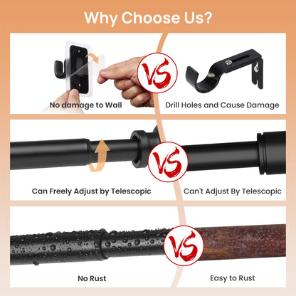 upsimples No Drill Curtain Rods for Window 28 to 48 Inches, 5/8 Inch Diameter Renter Friendly Drapery Rod with Adhesive Brackets without Drilling, Adjustable from 27 to 52 Inches, Black