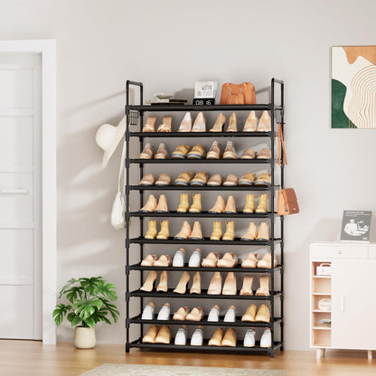 10 Tier Shoe Rack, Large Capacity Tall Shoe Storage Organizer Holds 50-55 Pairs Shoes and Boots, Vertical Shoe Shelf Cabinet with Versatile Hooks for Closet Entryway Garage Bedroom - Available at All In One Marketplace Canada
