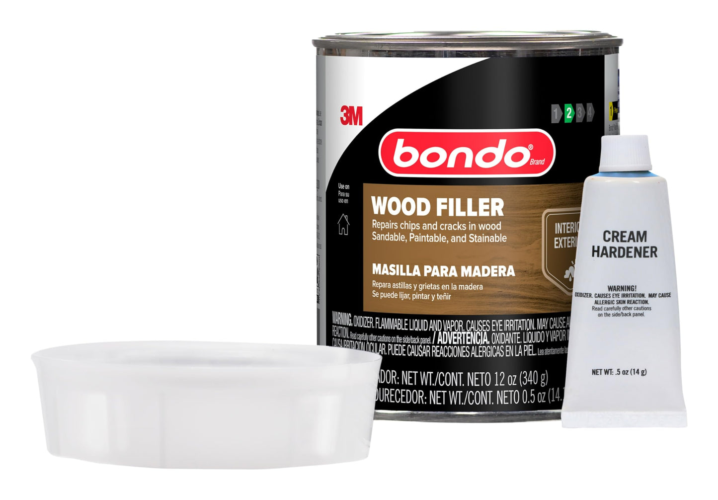 Bondo Wood Filler 12 oz with Hardener 0.5 oz, Repairs Chips and Cracks in Wood, Sandable, Paintable, and Stainable 3M
