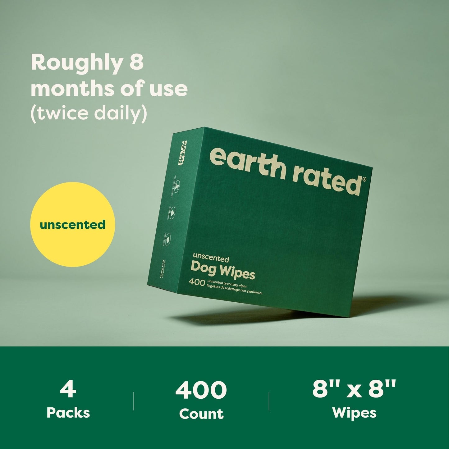 Earth Rated (A Canadian Company) Pet Wipes for Dogs and Cats, Hypoallergenic, Cleaning and Hydrating, for Grooming Paws, Body and Butt, Unscented, 400 Count