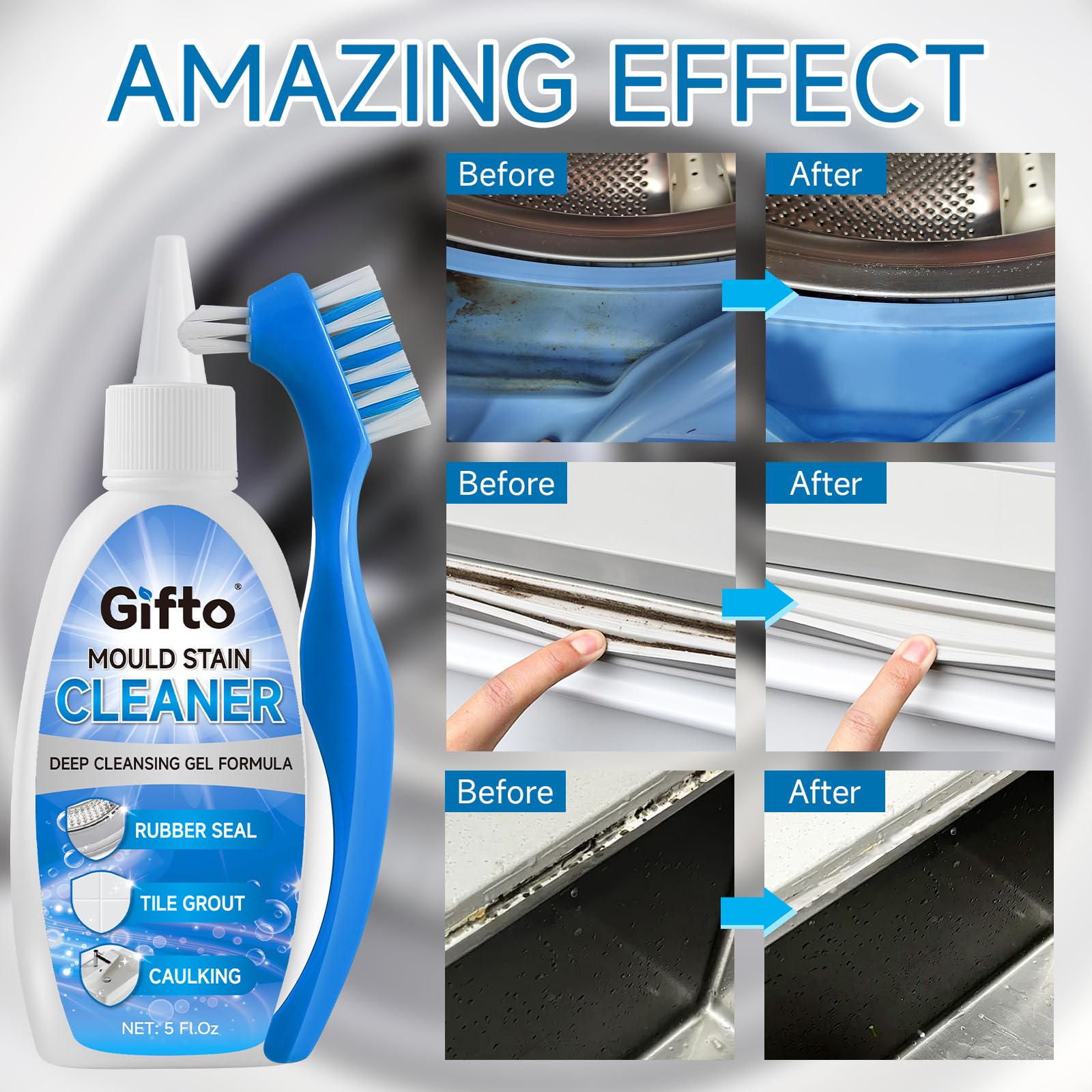 Mould Stain Remover Gel Washing Machine Cleaner, Grout Cleaner with Cleaning Brush, Black Stain Remover for Washer Kitchen Sink Shower Toilet Bathtub Caulk Tile,Bathroom Whitener, 10 Fl Oz - Available at All In One Marketplace Canada