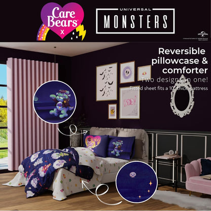 Franco Care Bears x Universal Monsters Halloween Bedding 7 Piece Super Soft Cozy Reversible Comforter and Sheet Set with Sham, Full, (Officially Licensed Product)