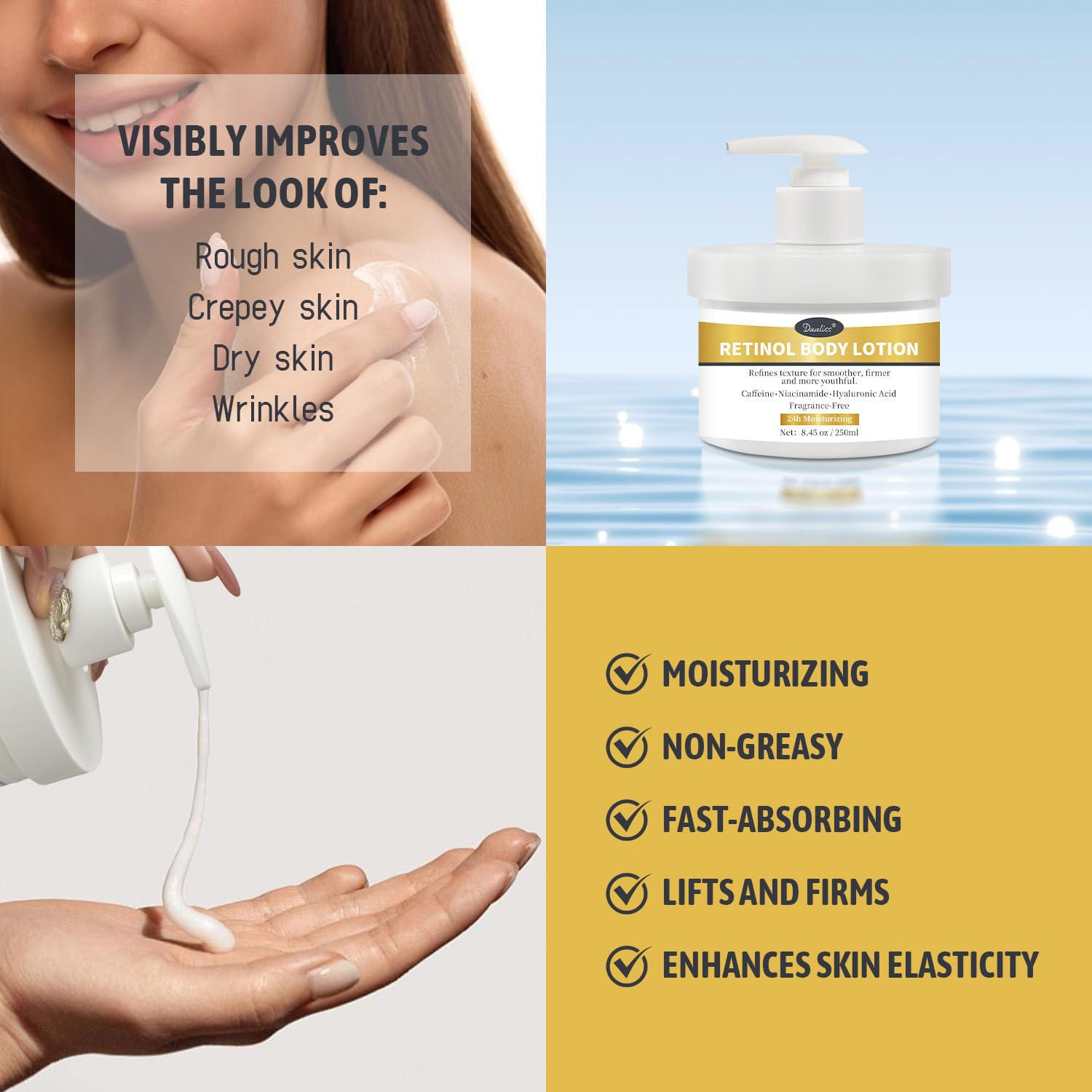 Retinol Body Lotion Fragrance-Free, Anti-Aging Firming Body Cream and Face Moisturizer with Niacinamide Hyaluronic Acid & Shea Butter, Helps Diminish the Look of Crepey Skin for Women & Men 250ml - Available at All In One Marketplace Canada