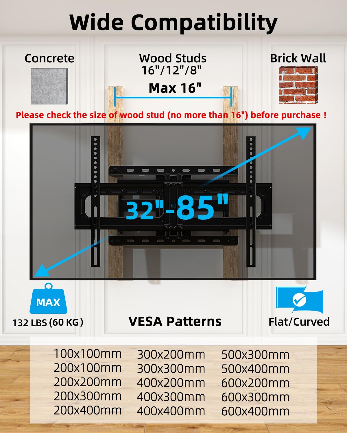 HOME VISION Full Motion TV Wall Mount for Most 32-85 inch TVs up to132 lbs, TV Mount Swivel and Tilt with Dual Articulating Arms, Wall Mount TV Bracket Max VESA 600x400mm, Fits 8" 12" 16" Wood Studs - Available at All In One Marketplace Canada