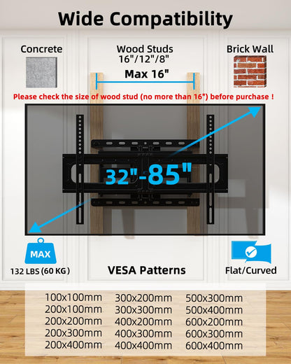 HOME VISION Full Motion TV Wall Mount for Most 32-85 inch TVs up to132 lbs, TV Mount Swivel and Tilt with Dual Articulating Arms, Wall Mount TV Bracket Max VESA 600x400mm, Fits 8" 12" 16" Wood Studs - Available at All In One Marketplace Canada