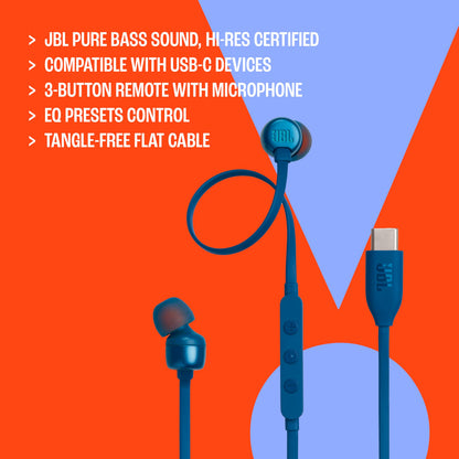 JBL Tune 310C - USB-C Wired Hi-Res in-Ear Headphones, Tangle-Free Flat Cable, 3-Button Remote with Microphone (White)