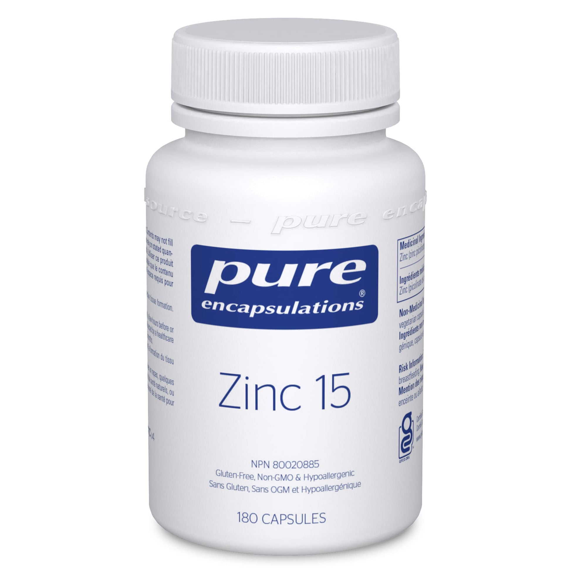 Pure Encapsulations Zinc 15 mg - Zinc Picolinate Supplement for Immune System Support - For Wound Healing - With Premium Zinc Picolinate - 180 Capsules - Available at All In One Marketplace Canada