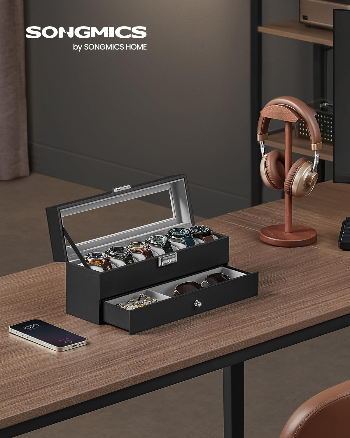 SONGMICS Watch Box, 6-Slot Watch Case Organizer with Large Glass Lid, 2 Layers, Removable Pillows, Metal Lock, Gift for Loved Ones, Black Synthetic Leather, Christmas Gift, Gray Lining UJWB060G01 🍁 All In One Marketplace Canada