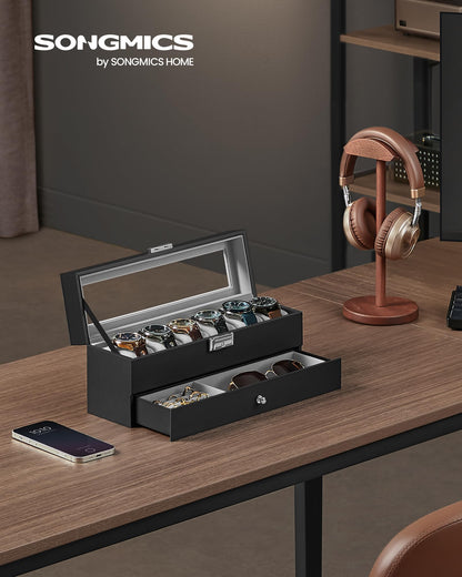 SONGMICS Watch Box, 6-Slot Watch Case Organizer with Large Glass Lid, 2 Layers, Removable Pillows, Metal Lock, Gift for Loved Ones, Black Synthetic Leather, Christmas Gift, Gray Lining UJWB060G01 🍁 All In One Marketplace Canada