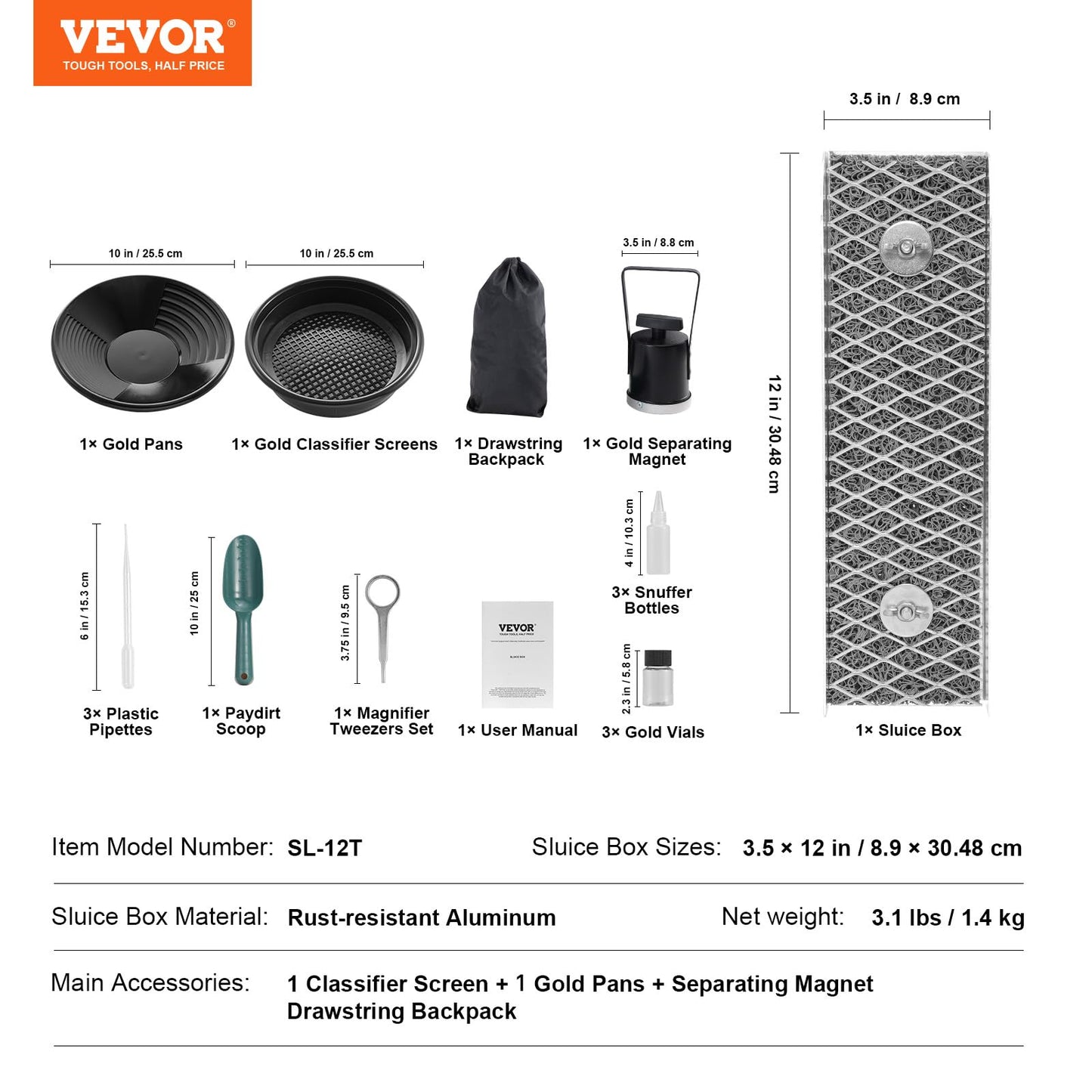VEVOR Gold Panning Kit with Mini Sluice Box, 12" Aluminum Gold Mining Equipment, 16 PCS Golds Prospecting Kit with Golden Pan, Classifier Screen, Separating Magnet, Drawstring Backpack and Accessories VEVOR