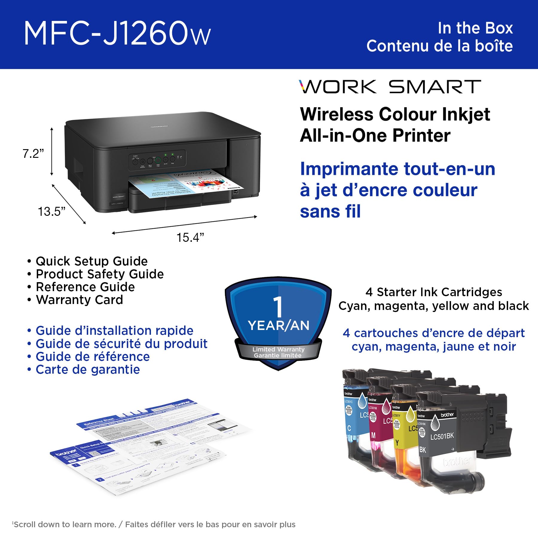 Brother MFC-J1260W Work Smart Wireless Colour Inkjet All-in-One Printer Scanner Copier for Home Office 150-Sheet Tray 16ppm Black 9ppm Colour with LC501 Starter Ink (MFCJ1260W)